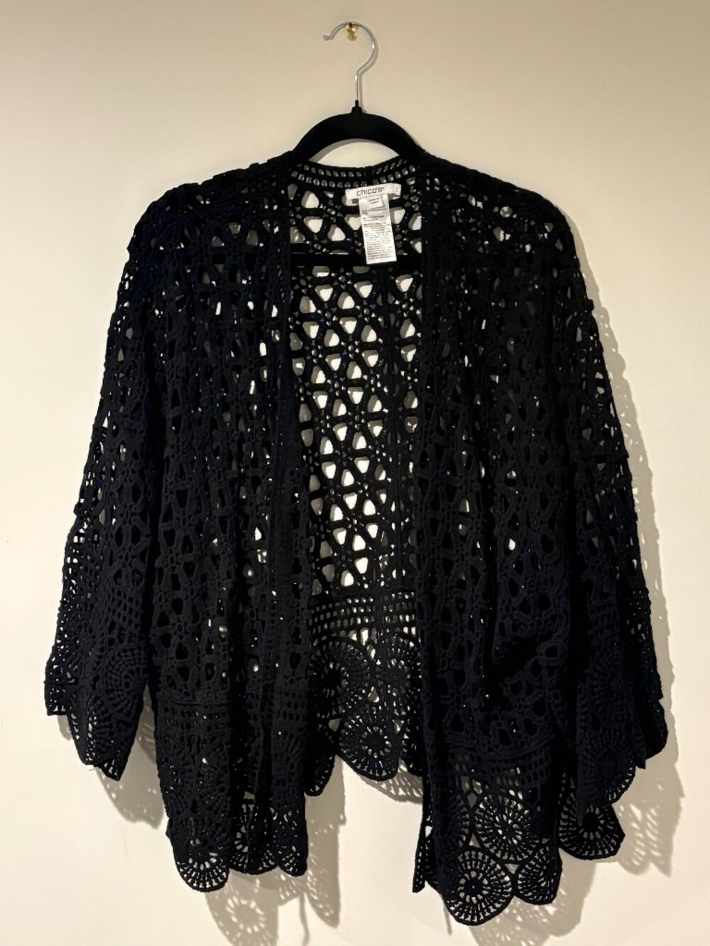 Chico’s Black Crochet Open Front Cardigan Sweater